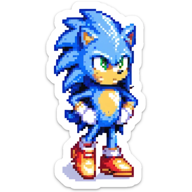 Sonic the Hedgehog with blue fur, red shoes, white gloves, standing on a hill in Green Hill Zone, palm trees, checkerboard landscape, golden rings in the air sticker
