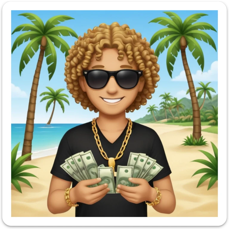Smiling person with curly hair in black shirt and chain necklace, holding money bundles, black sunglasses, tropical beach scene with palm trees sticker