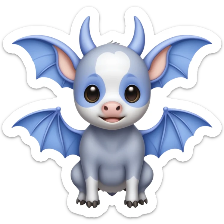 cute cow-bat hybrid with periwinkle wings, white and grey body, bold outlines, optimized for visibility on Discord and Slack sticker