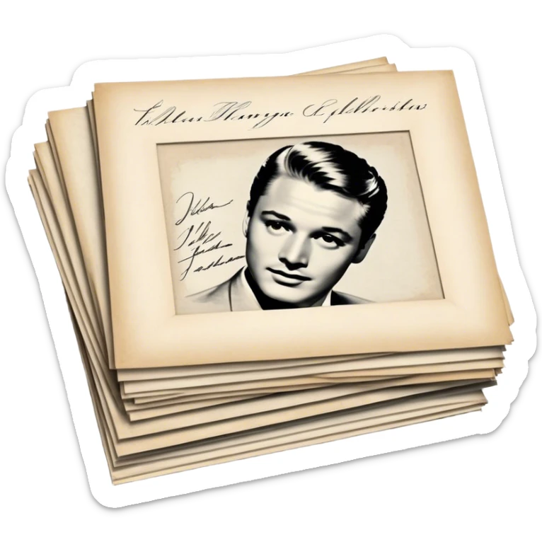 Icon for Autograph Collecting: several vintage framed with signatures of famous celebrities sheets stacked one on top of the other, each . The icon should evoke the charm and history of collecting autographs. Transparent background. sticker