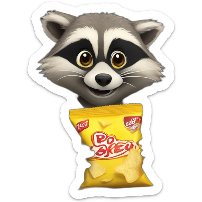 Raccoon on the back seat of a car with its safety belt eating a packet of crisps sticker