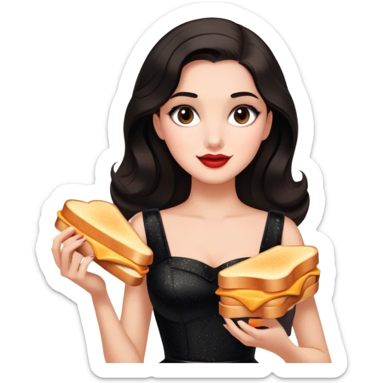 Beautiful woman in 1950’s woman fashion look, black shimmery dress, long dark brown hair, grilled cheese sandwiche sticker