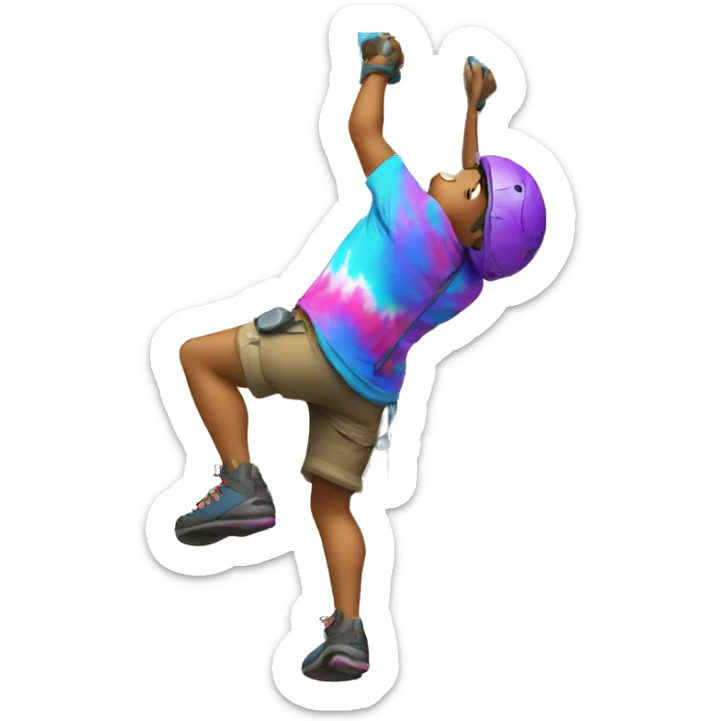 a climber climbing a rock climbing wall with no helmet and tie dye shirt sticker