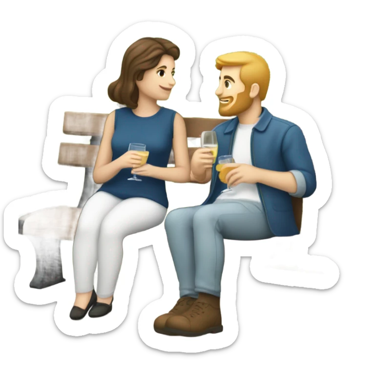 couple with white skin people and brown hair, sitting closely on a park bench, enjoying a romantic moment. One person is holding a croissant, and the other is holding a glass of Prosecco.  sticker