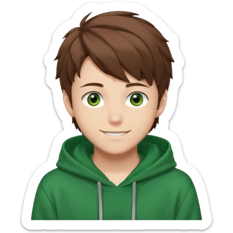 Anime teen boy with brown hair, green eyes, and a green hoodie, looking smiling slightly sideways positioned. 128px sticker