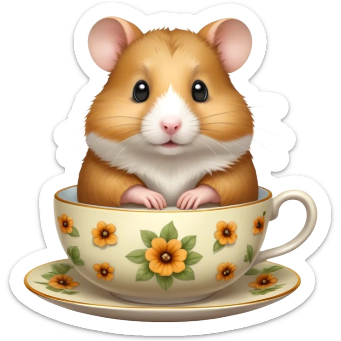 Cinematic 32k HD, Extremely detailed image of a hamster in a teacup, each hair, eye, and paw is shown in stunning detail as though captured in a timeless photograph, rich textures, visually rich, so lifelike that it feels like it could leap off the page at any moment sticker
