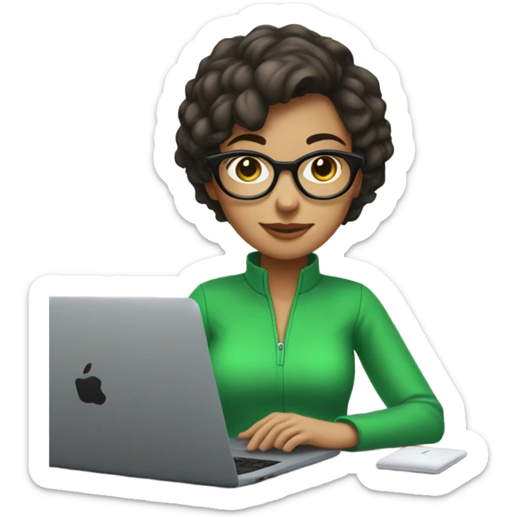 brunette girl with short hair in green clothes that says Kreative Lab and glasses behind laptop  sticker