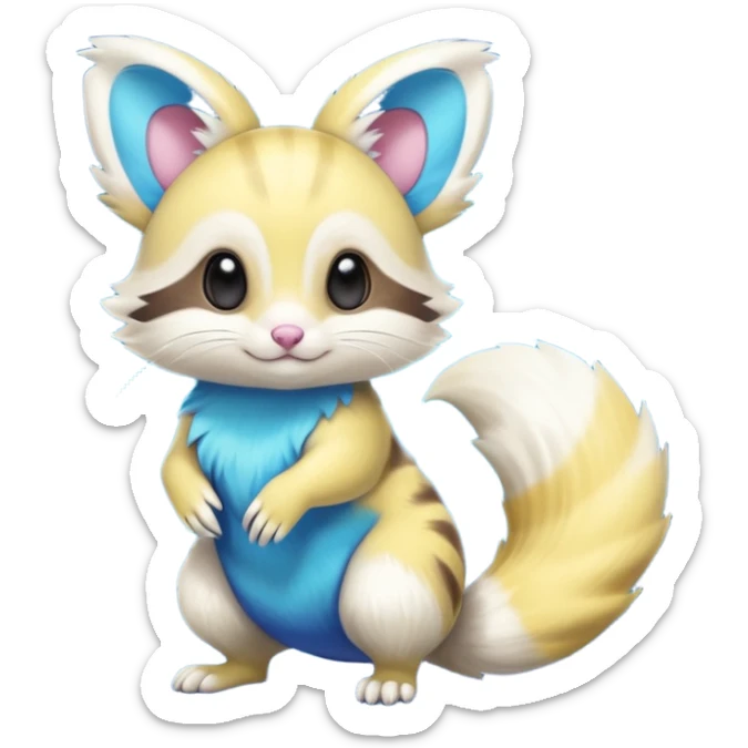 Realistic cute Neon-yellow and neon-cobalt-blue and cyan-gradients Furret-Emolga-Genet-Purrloin-hybrid-fusion (full body) sticker