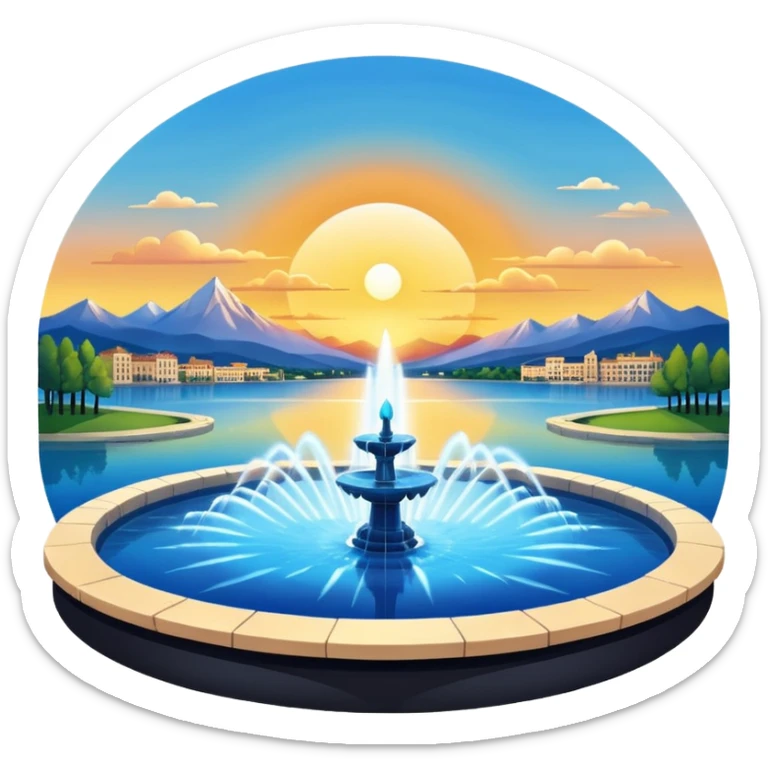 Please generate an image of a sunrise illuminating a lake with a huge fountain like that in the Geneva lake and some mountains in the background. sticker