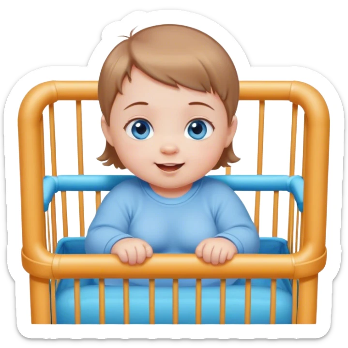 Blue-eyed baby girl with short light brown hair, chubby, mischievous smile in playpen  sticker