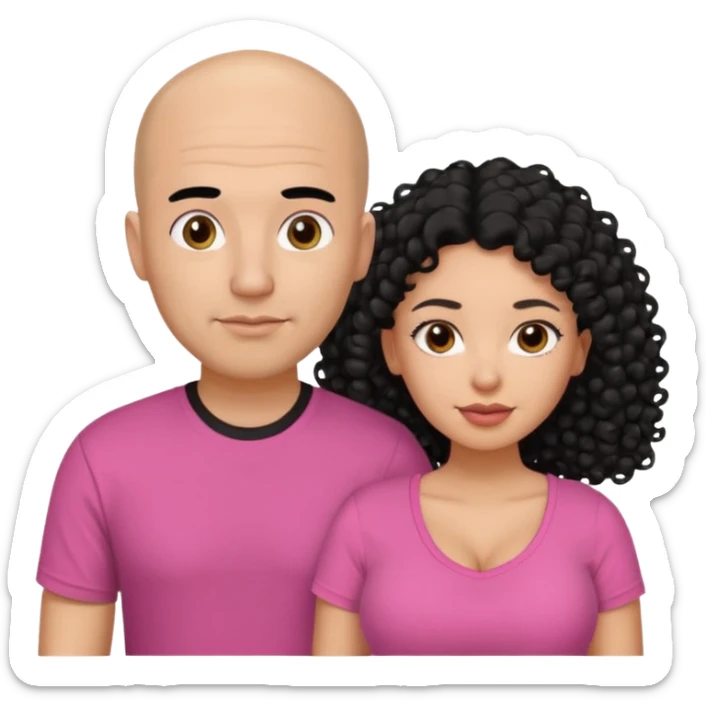 A picture if a couple. the man is a Mexican man with  black hair, a bald hair cut and with a black t-shirt on. the woman is mixed with black and white, with brown curly long hair and a pink shirt on and big boobs sticker