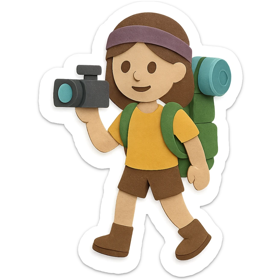 hiking woman with brown hair holding a video camera sticker