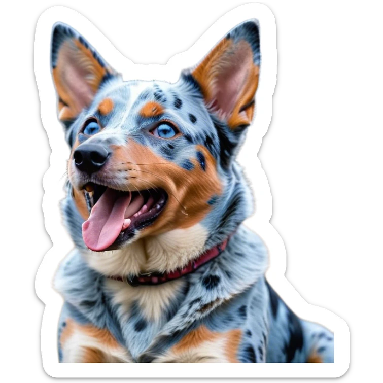 Cinematic Cute Yawning Blue Speckle Australian Cattle Dog Portrait Emoji, Head tilted slightly with a dramatic, wide-open yawn, showcasing a sleek blue speckle Fur with distinct markings, floppy ears slightly drooping, round blue eyes barely open in drowsy contentment, Simplified yet irresistibly adorable features, highly detailed, glowing with a soft, cozy glow, high shine, relaxed yet expressive, stylized with a touch of whimsy, bright and endearing, soft glowing outline, capturing the essence of a sleepy yet affectionate herder, so drowsy it feels like it could stretch out of the screen and curl up for a nap! sticker