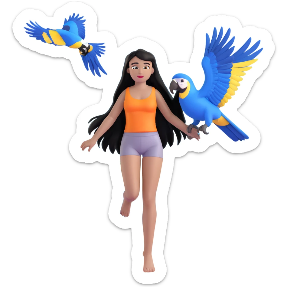 woman with long straight black hair, light brown skin, with blue macaws flying around her, and the three arches of Atalaia Beach (Aracaju-SE) in the background sticker