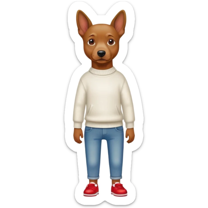 Brown dog standing upright with hands in jean pockets, wearing a white sweater and red shoes sticker
