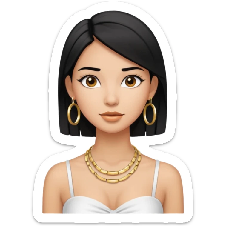 latina makeup olsun, saçları düz, halka küpeler büyük gümüş renginde olsun, kolye taksın ve beyaz bir Bandeau top kıyafet giyisin sticker