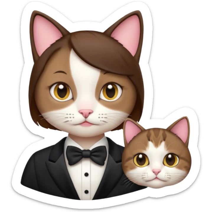 slightly more feminine woman with short brown hair and a tuxedo cat, emoji style, variation 3 sticker