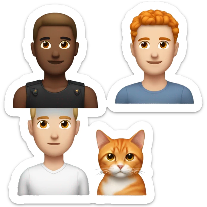 White man with brown hair and black stud earrings with an orange cat on his head sticker