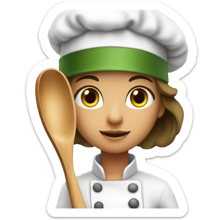 Brownhir and moss green eyes girl is a sporty girl an she is wearing a chef hat and holding a wooden spoon sticker