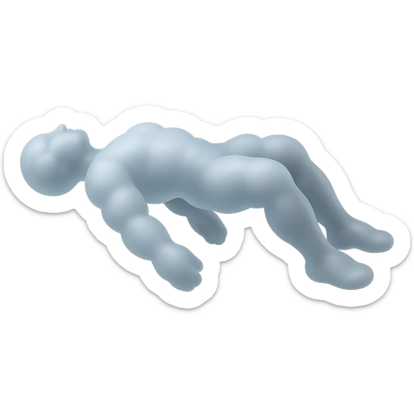side view of unconscious person flying torso up, legs and arms down, made of small very bright white fluffy convex clouds, matte glass style sticker