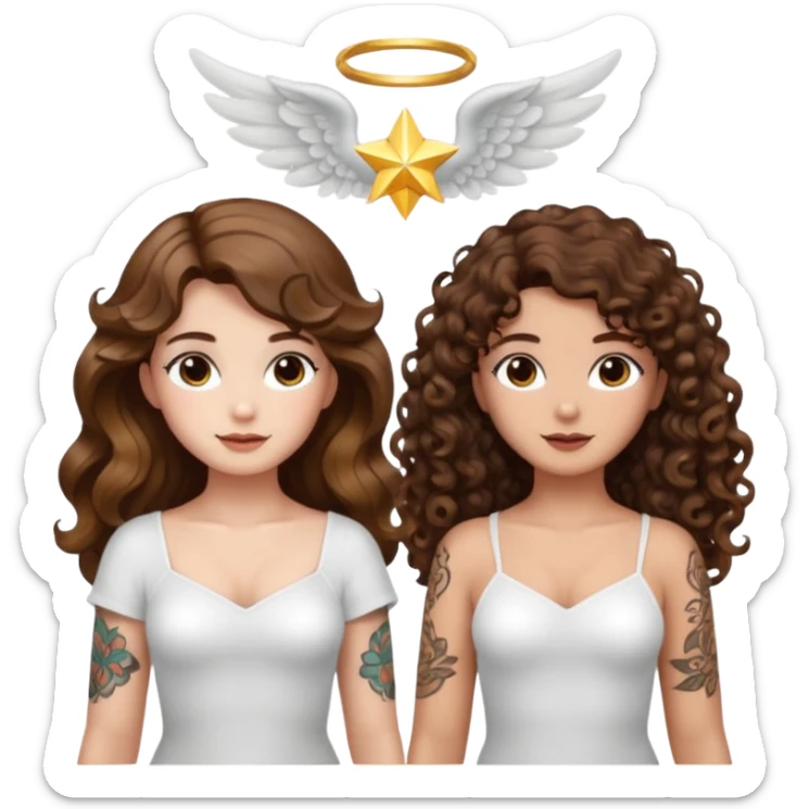 fake angel pose — long wavy brown hair tattooed woman and short tight curly brown hair woman — halo sparkle sticker