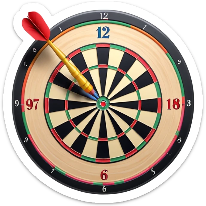 A dartboard with darts firmly stuck in the bullseye, surrounded by the colorful sections of the target. The background conveys a competitive atmosphere, with a subtle focus on precision and skill in the game of darts. sticker