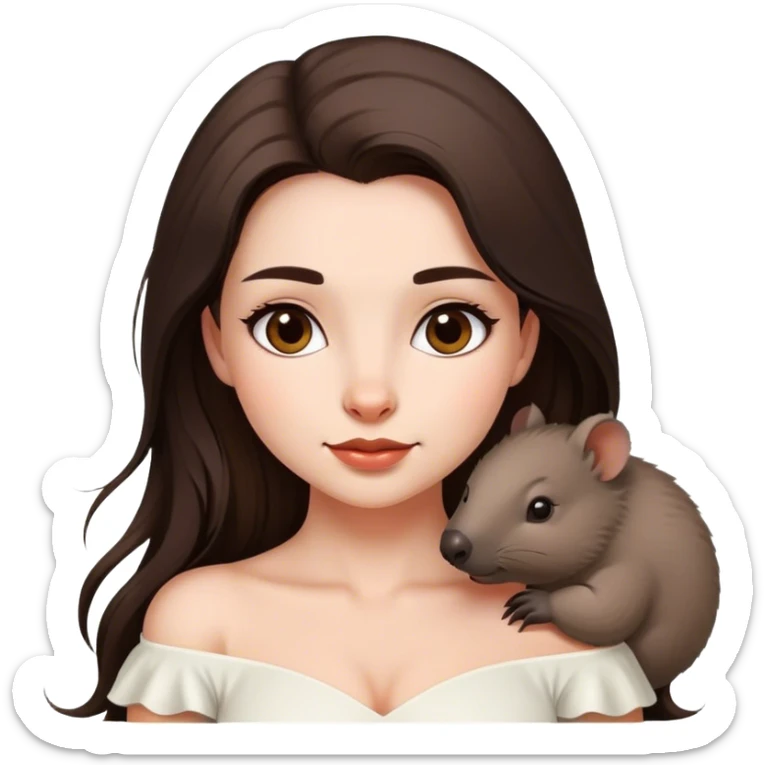 Beautiful woman in 1950’s woman fashion look, off-shoulder white dress, long dark brown hair, wombat sticker