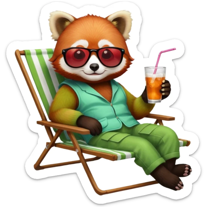 Red panda laying back on lawn chair with a drink wearing sun glasses sticker