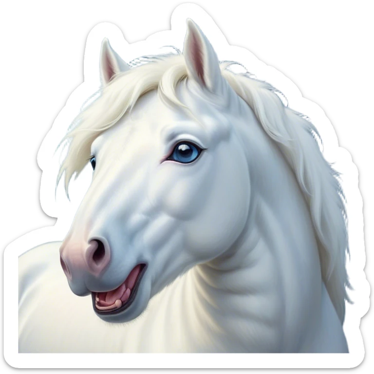 Cinematic Cute Yawning White Horse Portrait Emoji, Head tilted slightly with a dramatic, wide-open yawn, revealing a soft white fur with a subtle shimmer, floppy ears slightly drooping, round blue eyes barely open in drowsy contentment, Simplified yet irresistibly adorable features, highly detailed, glowing with a soft, cozy glow, high shine, relaxed yet expressive, stylized with a touch of whimsy, bright and endearing, soft glowing outline, capturing the essence of a sleepy yet affectionate horse, so drowsy it feels like it could stretch out of the screen and curl up for a nap! sticker