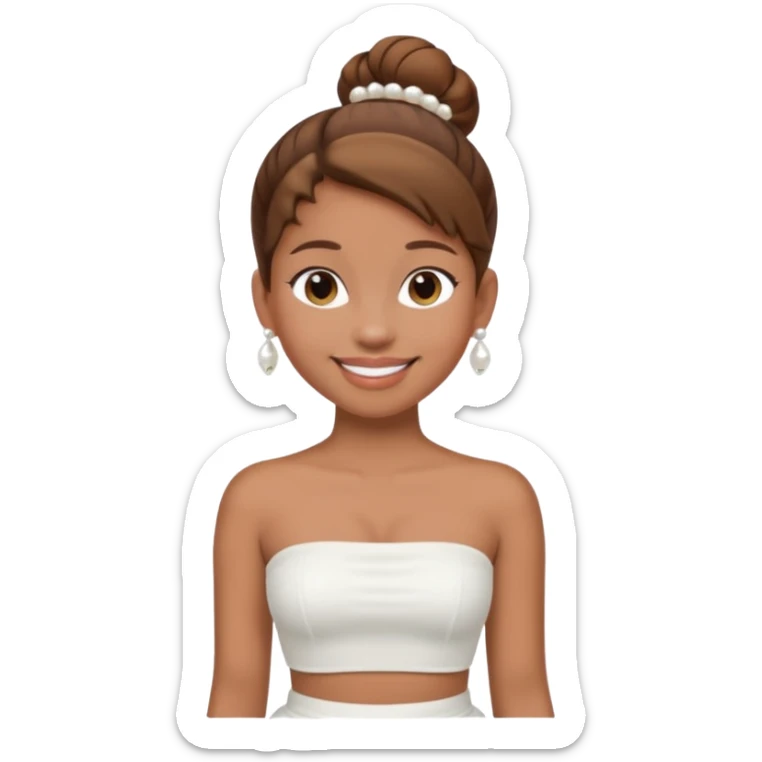 Full body, Light brown skin girl, brown hair in bun, smiling, white strapless tube top, pearl earrings sticker