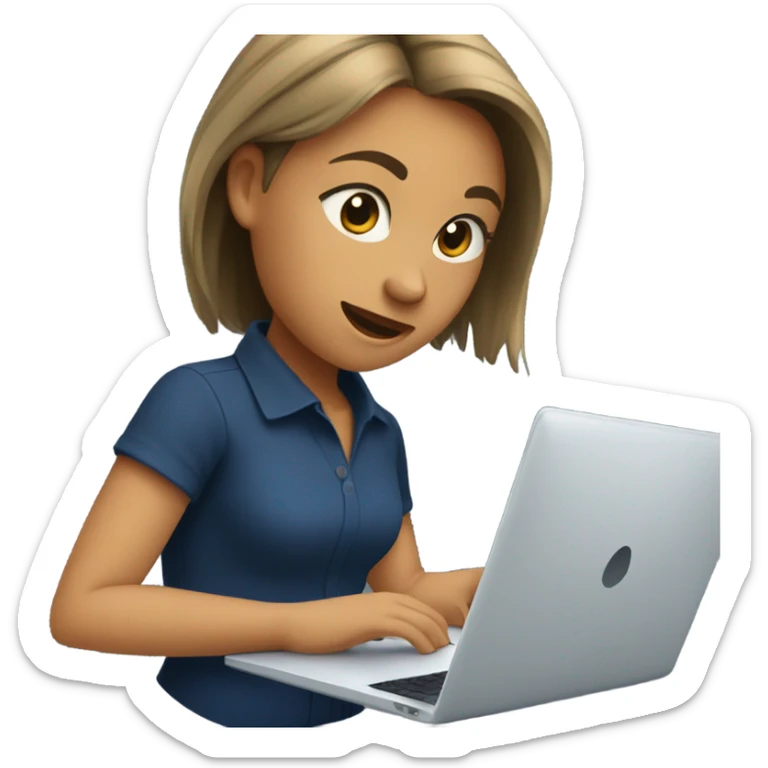 Girl IN DARK BLU SHIRT working with a laptop, NO PONY TAIL, STRAIGHT HAIR, NO NOTEBOOK sticker