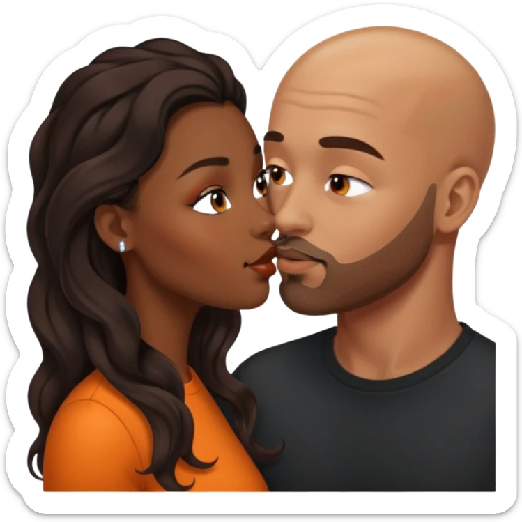 ebony black women with long brown/black balayage wavy hair.  kissing bald white man. White man has orange facial hair sticker