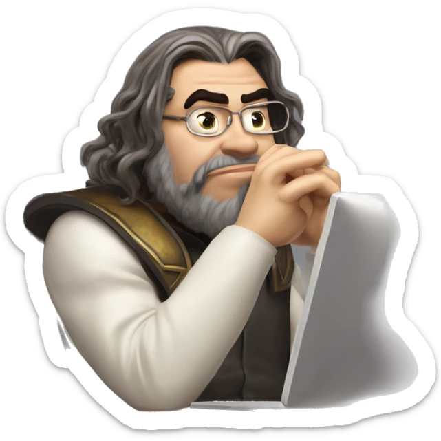 Warcraft geeky computer whispering Steve Wozniak in Marvel Avengers style, oil paint, mysterious eyes, intricate lips, masterpiece pose, odd perspective, beautiful, desirable, logical sticker