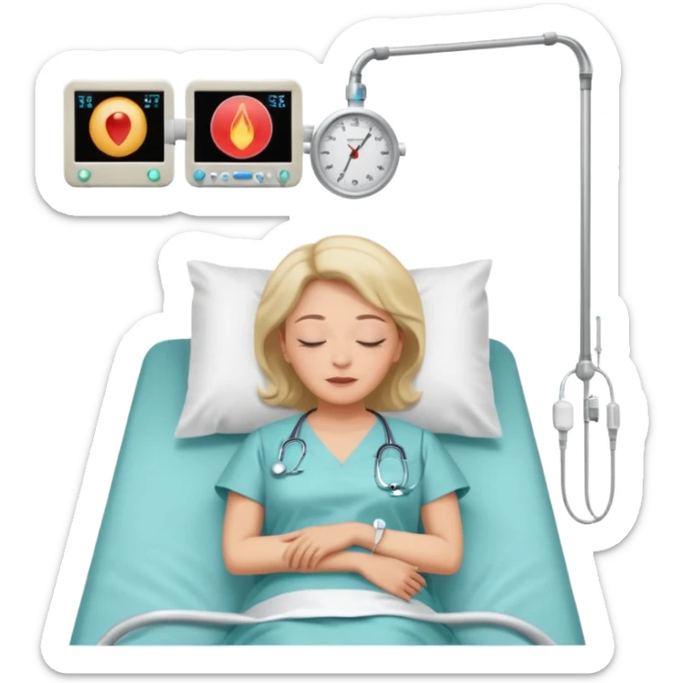 A woman in her 50s lying on an examination bed with eyes closed, shown in a wide, full-body view in a clean colonoscopy procedure room. Only the patient is visible. sticker
