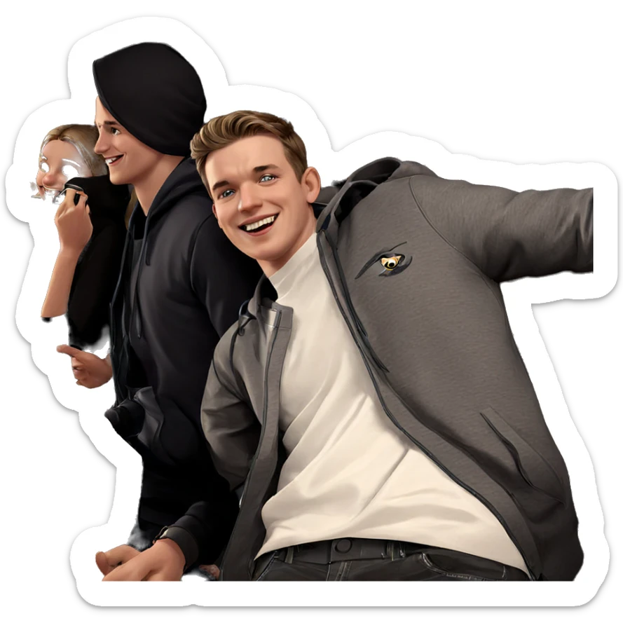 smiling girl with two boys sticker