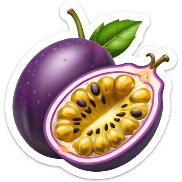 passion fruit, purple outer skin with yellow juicy flesh and black seeds sticker