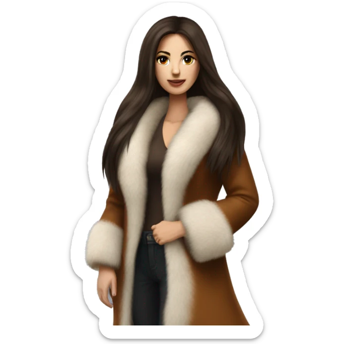 Beautiful Woman Realistic long hair brunette Mob wife big brown fox fur coat  sticker