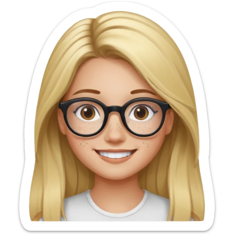 blonde girl with brown roots, long hair, freckles, black frame glasses, smiling sticker