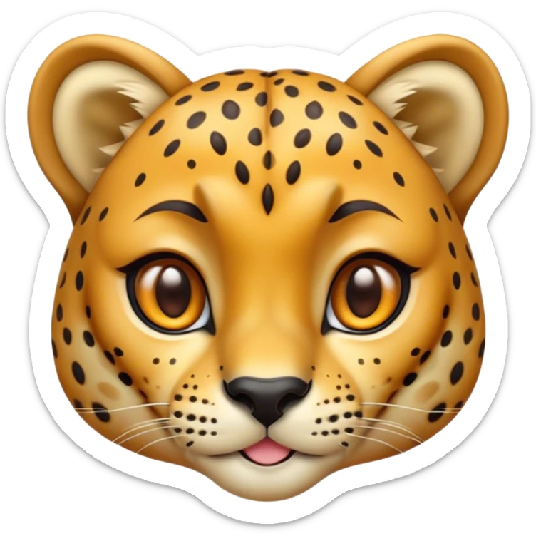 Cinematic Cute Cheetah Portrait Emoji, Head tilted playfully and inquisitively, featuring a glossy, golden spotted Fur with a natural sheen, round, sparkling amber eyes filled with curious mischief, Simplified yet irresistibly adorable features, highly detailed, glowing with a warm, friendly glow, high shine, affectionate and agile, stylized with a touch of savannah whimsy, bright and endearing, soft glowing outline, capturing the essence of a mischievous yet loving cheetah, so playful it feels like it could dash out of the screen and into your arms! sticker