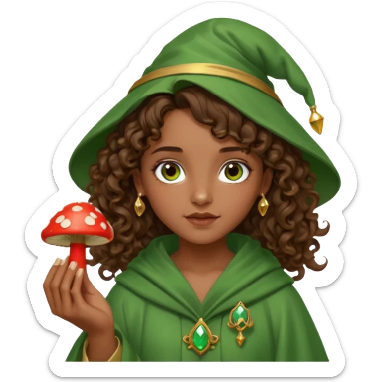 very beautiful italian girl, dark brown eyes, looking like Emma Watson, with curly and big volume very bright brown hair, and a golden piercing ring in nose on left side, dressed in a beautiful wizard robe of green colors, holding red fly mushroom sticker