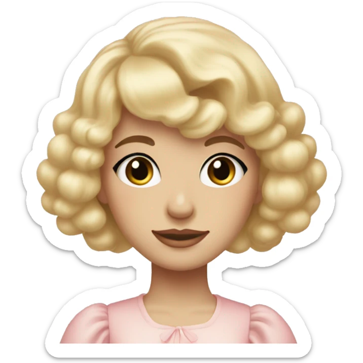 Blonde, pale girl with bangs and long, curly hair and a pastel pink puff sleeve dress sticker
