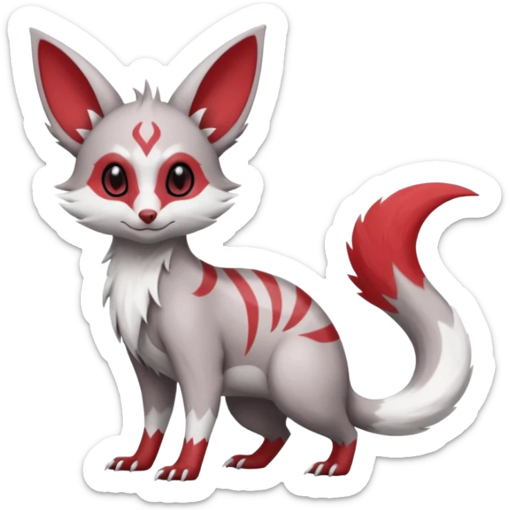 Minccino-Lykoi-Emolga-Pachirisu-Zangoose-fusion-hybrid-animal-Fakémon-creature, full body, thin long sleek scaly tail, intricate markings sticker