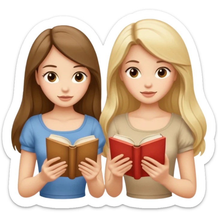 two beautiful girls in beige tops reading a beautiful vintage book. one brunette, the other blonde. both with long hair with sticker