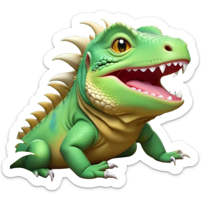 Cinematic Cute Yawning Iguana Portrait Emoji, Head tilted slightly with a dramatic, wide-open yawn, showcasing a sturdy, scaled body with a softly drooping spiky crest and sleepy, half-closed eyes, Simplified yet irresistibly adorable features, highly detailed, glowing with a soft, cozy jungle glow, high shine, relaxed yet expressive, stylized with a dash of whimsical charm, soft glowing outline, capturing the essence of a drowsy yet affectionate iguana that appears ready to stretch out for a nap! sticker