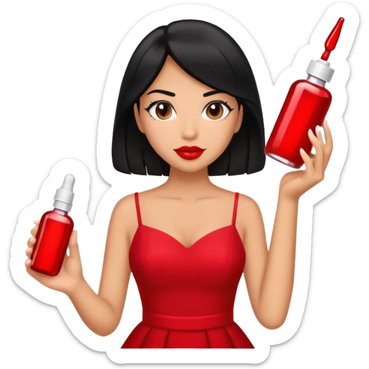 A grown woman wearing a red dress , red lipstick , black hair while holding a dropper bottle  sticker