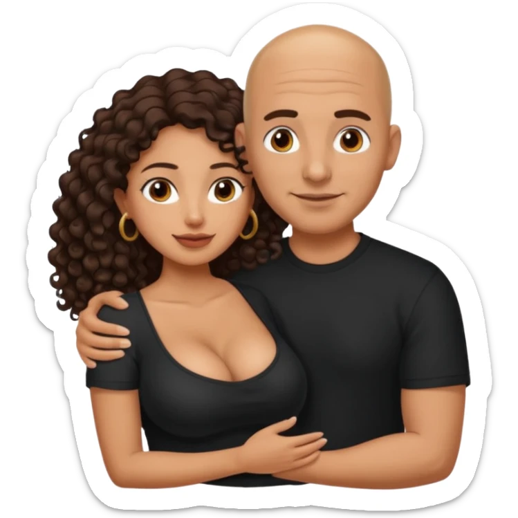 A picture of an embracing tanned couple. the man is a Mexican man with tanned skin, with a bald hair cut, and wearing a black shirt. the woman is mixed, glasses,  with long curly dark brown hair and with big boobs. Remove the glasses from the man sticker