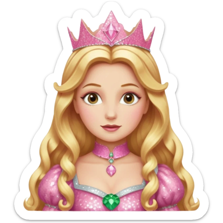 Glinda from The Wizard of Oz with long golden blonde hair, pink sequin outfit sticker