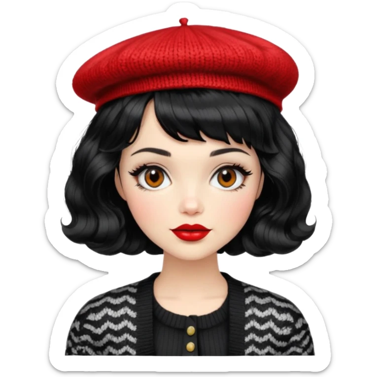 Alluring 1970's beret French girl french shiny black wavy textured bob haircut tousled hair red lips wearing knitted cardigan sticker
