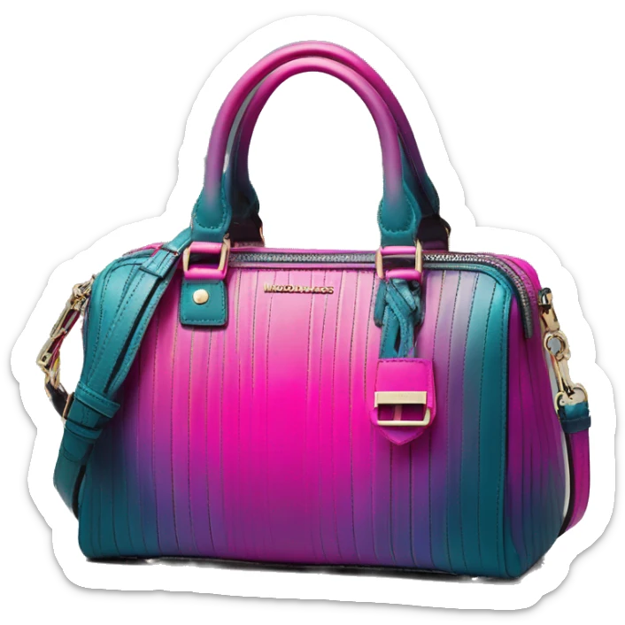 Realistic isolated neon magenta and dark teal blue ombre pinstripe Michael Kors satchel handbag purse.  sticker