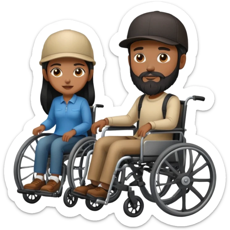 Beige skin man with a beard and cap in a wheelchair and a dark brown skin woman with long black hair in a wheelchair  sticker